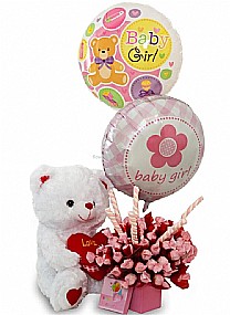 זר מתוק להולדת הבת דובי ו2 בלונים זר מתוק להולדת הבת דובי ו2 בלונים