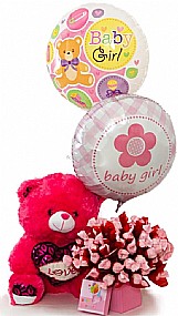 זר שוקולדים להולדת הבת דובי ו2 בלוני הליום זר שוקולדים להולדת הבת דובי ו2 בלוני הליום